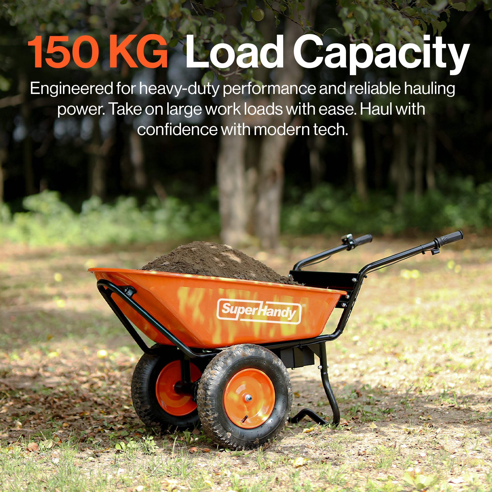 SuperHandy Electric Wheelbarrow – 48V Li-Ion Battery, 150kg Capacity, 85L Steel Powder Coated Tub, Material & Debris Hauler Utility Cart