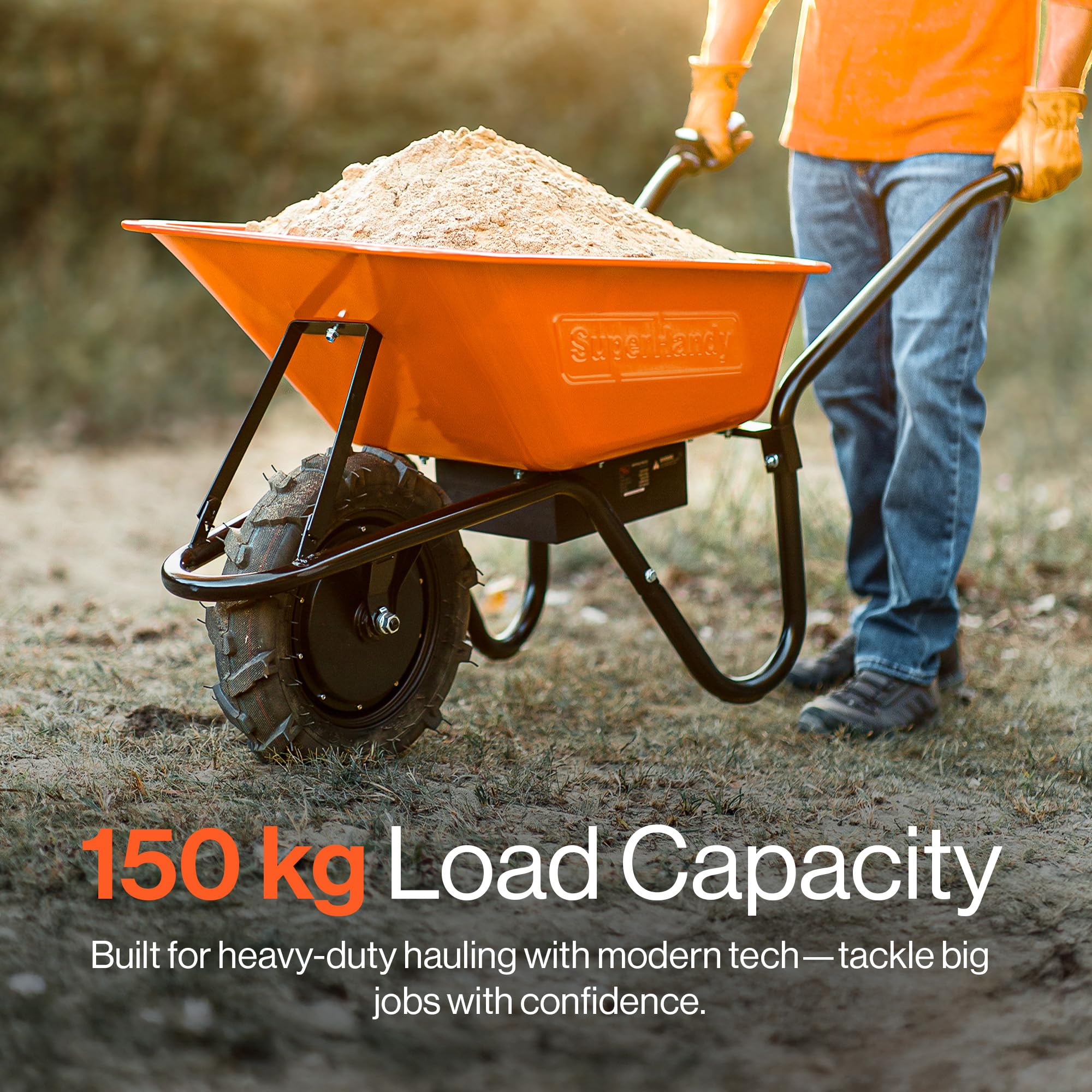 SuperHandy Cordless Electric Wheelbarrow Utility Cart, 48V 2Ah Battery Powered, 75L Steel Tub, 150kg Load Capacity Garden Trolley, Material & Debris Hauler