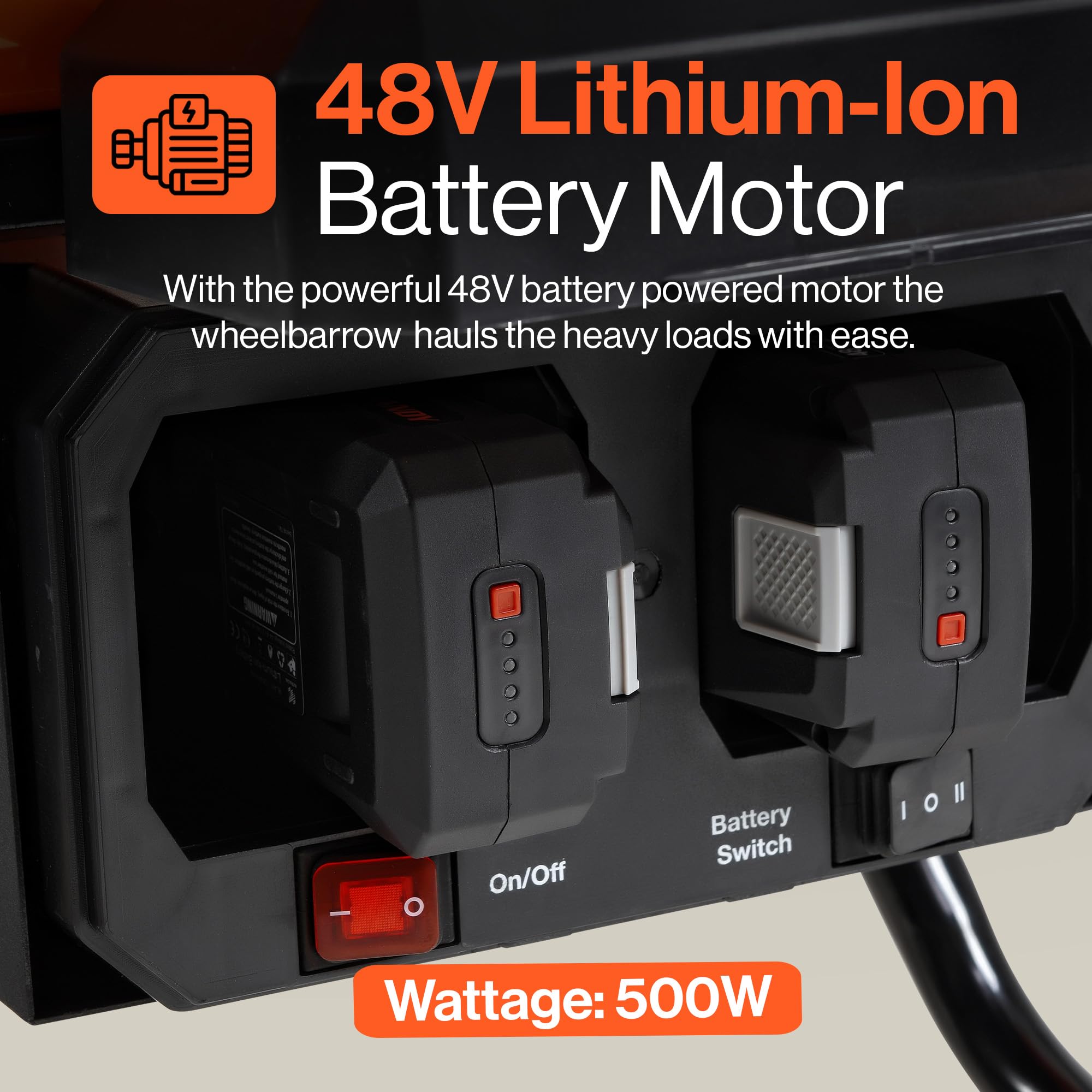 SuperHandy Cordless Electric Wheelbarrow Utility Cart, 48V 2Ah Battery Powered, 75L Steel Tub, 150kg Load Capacity Garden Trolley, Material & Debris Hauler